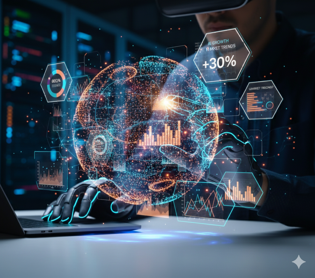 Hands interacting with complex data visualizations on a laptop